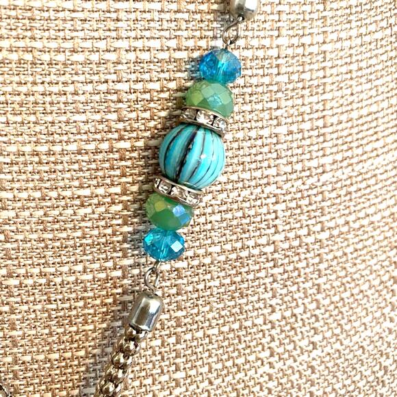 Boho Beaded Necklace Silvertone Chain & Blue Glass Beads w/ Tassel Beachy Chic - Picture 3 of 5